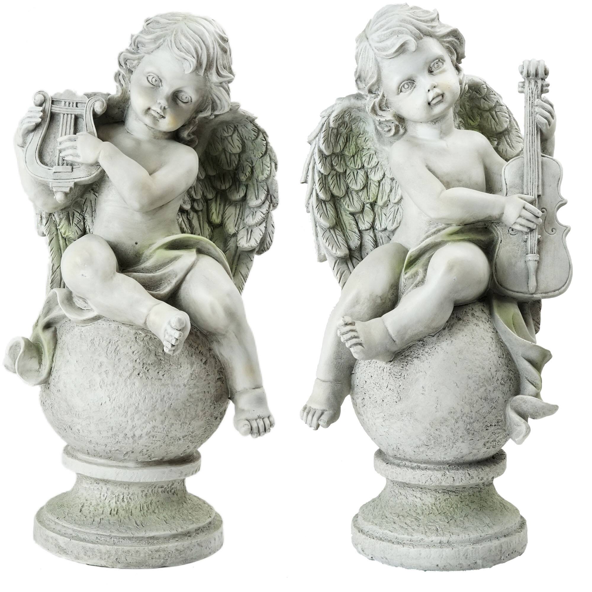 14.75" Ivory Cherub Angels With Violin & Harp Sitting On Finials Outdoor Garden Statues Set